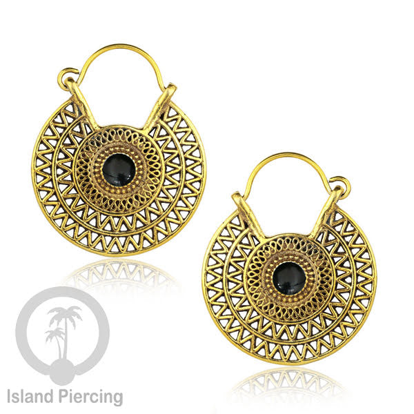 Anting kuningan dengan batu turquoise atau batu onyx hitam, Brass Earring with Stone