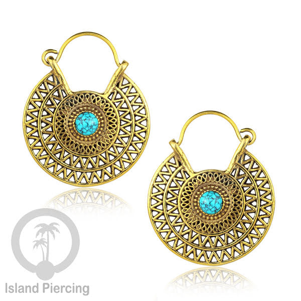 Anting kuningan dengan batu turquoise atau batu onyx hitam, Brass Earring with Stone