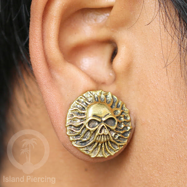 Brass Ear-plug model Tindik Kuningan plug Gothic motif Tengkorak, Salip, Pentagram & Ular