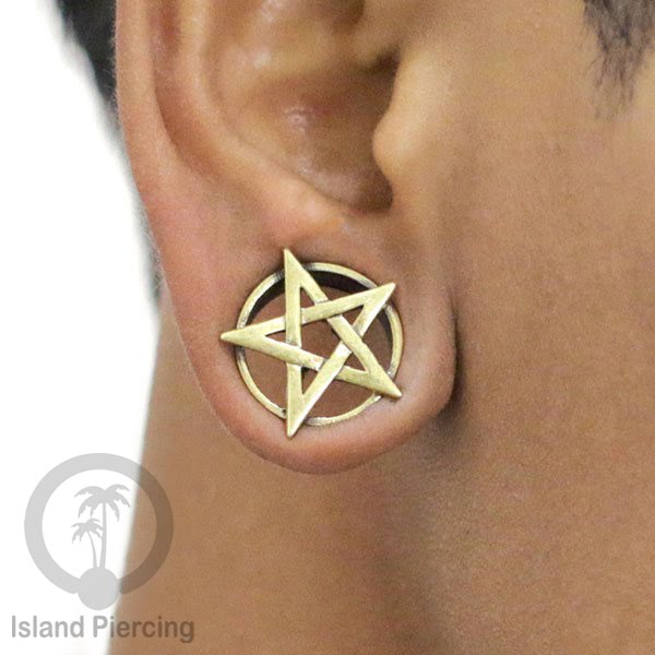 Brass Ear-plug model Tindik Kuningan plug Gothic motif Tengkorak, Salip, Pentagram & Ular
