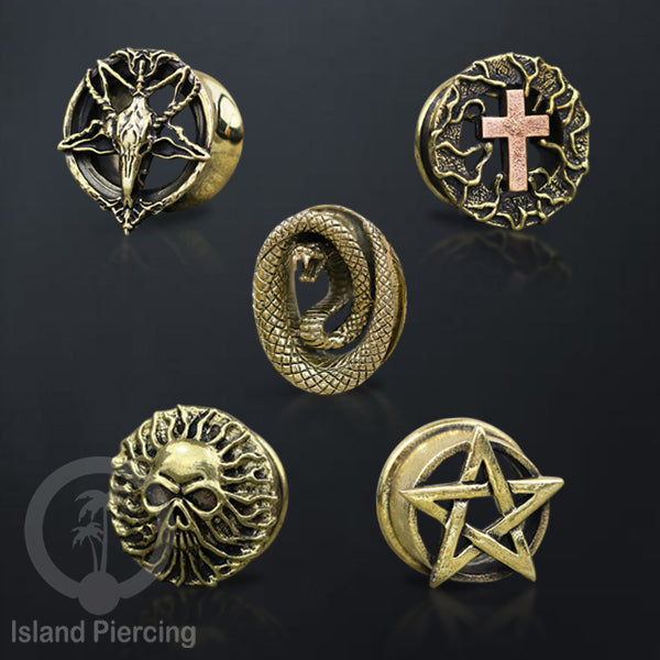 Brass Ear-plug model Tindik Kuningan plug Gothic motif Tengkorak, Salip, Pentagram & Ular