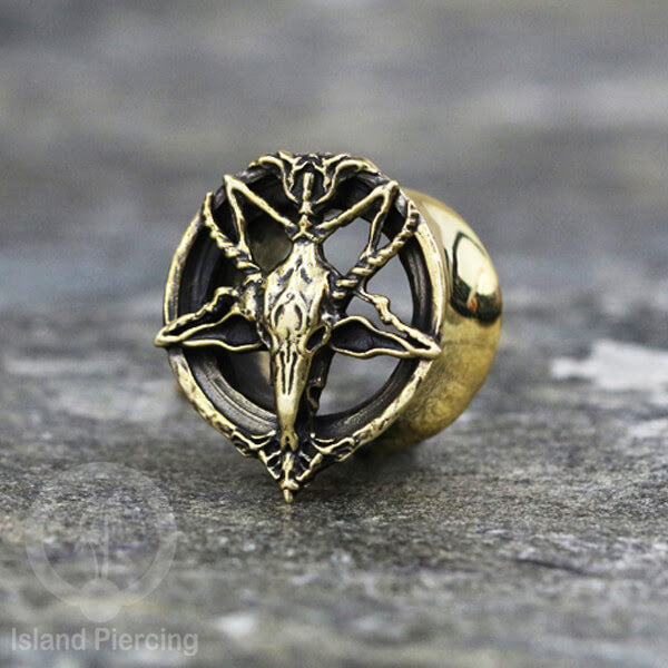 Brass Ear-plug model Tindik Kuningan plug Gothic motif Tengkorak, Salip, Pentagram & Ular