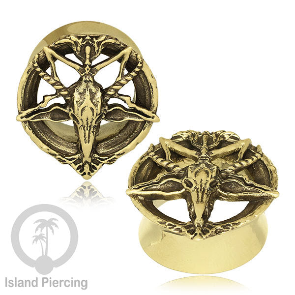 Brass Ear-plug model Tindik Kuningan plug Gothic motif Tengkorak, Salip, Pentagram & Ular