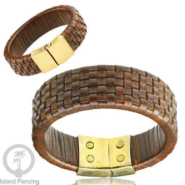 Gelang Tangan Kulit Anyaman dengan Kuningan buatan pakai tangan dari bahan berkualitas