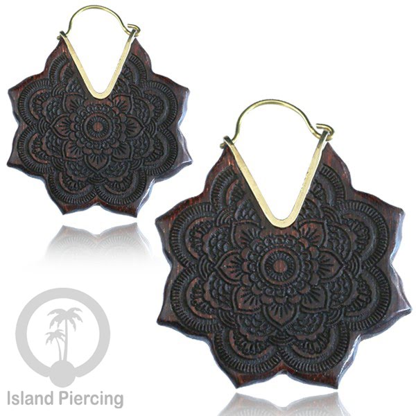 Anting Kayu Mandala & Hamsa dengan kuningan, Mandala & Fatima Hand wood/Brass Earring