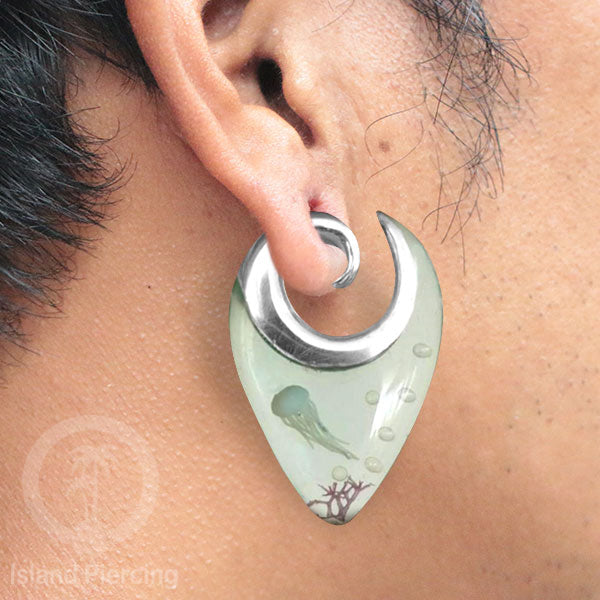 Tindik Anting Piercing Epoxy dan Kuningan Ear Expander motif Jelly fish dan Kuda Laut