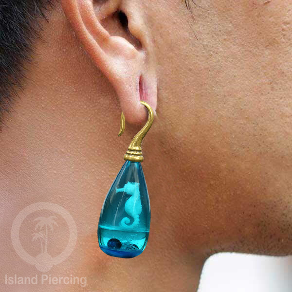 Tindik Anting Piercing Epoxy dan Kuningan Ear Expander motif Jelly fish dan Kuda Laut