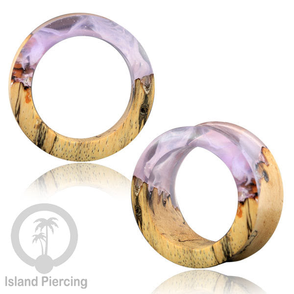Tindik Ear-tunnel Piercing dari kayu ukiran tangan kombinasi resin warna warni