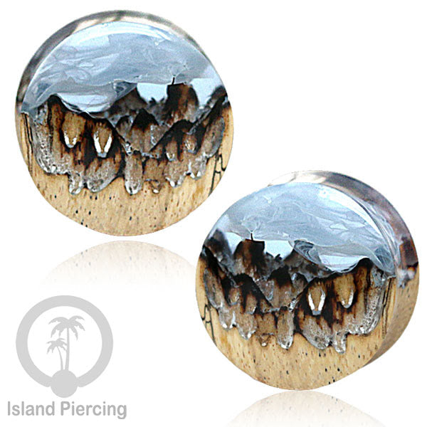 Tindik Ear-plug Piercing dari kayu ukiran tangan kombinasi resin warna warni
