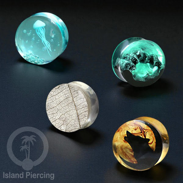 Tindik Ear-plug Resin dengan desain Jelly fish, Serigala, Goa dan Daun