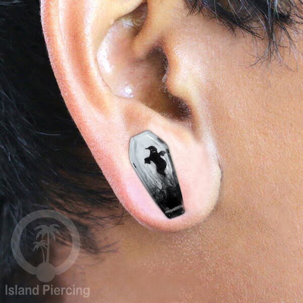 Tindik Ear-plug Piercing bentuk Peti dengan motif Hantu dan Kelelawar sama Plug Laba-2