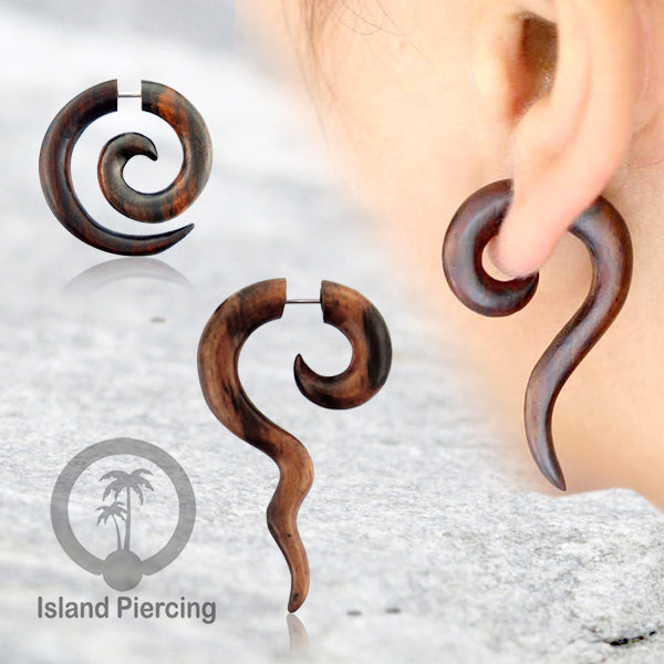 Wood Piercing push system Anting Tindik kayu warna natural model spiral sistem push