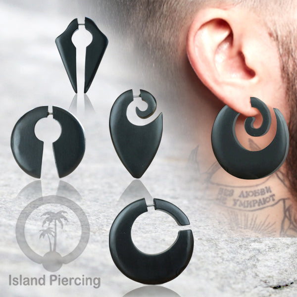 Fake wood piercing, Tindik palsu, Model Kayu Sono warna hitam Sistem Push, untuk semua lubang telinga
