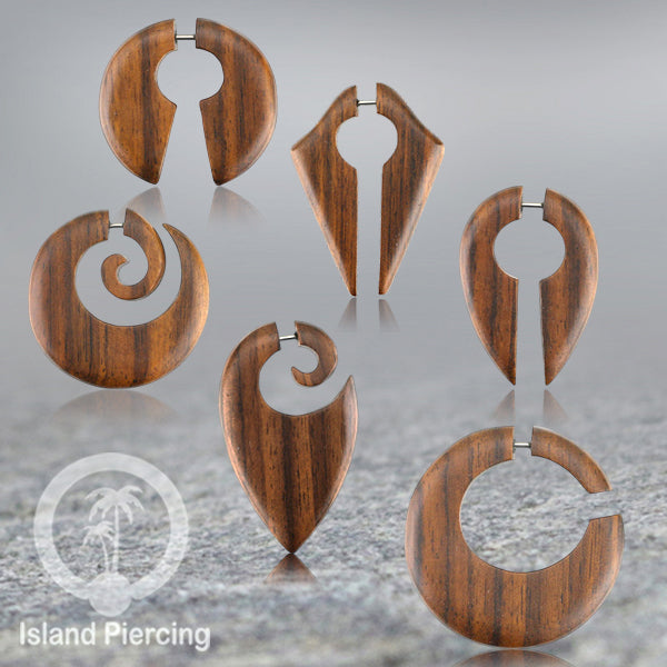 Fake wood piercing, Tindik palsu, Model Kayu Sono warna natural Sistem Push, untuk semua lubang kuping