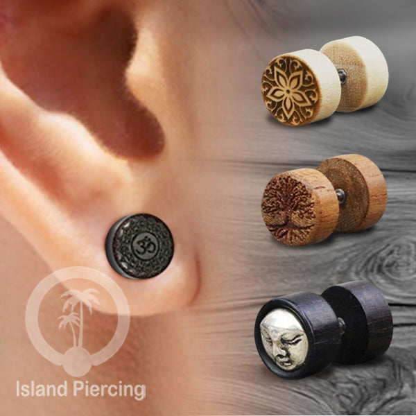 Pilihan Anting TIndik plug kayu sistem push cocok lubang telinga normal, fake wood plug