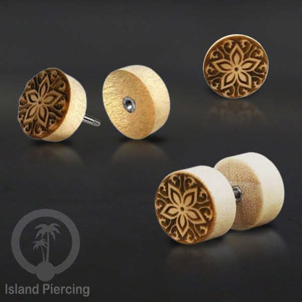 Pilihan Anting TIndik plug kayu sistem push cocok lubang telinga normal, fake wood plug