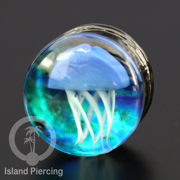Plug kaca Piercing dengan motif jamur, jelly fish dan spiral. Tindik earplug kaca berkualitas