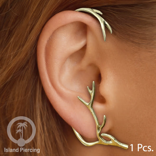 Full Brass Ear-cuffs , Anting Perhiasan Kuningan jepitan penuh telinga, Tanduk Rusa dan Ular