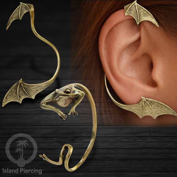 Full Brass Ear-cuffs , Anting Perhiasan Kuningan jepitan penuh telinga, Kodok dan Sayap Naga