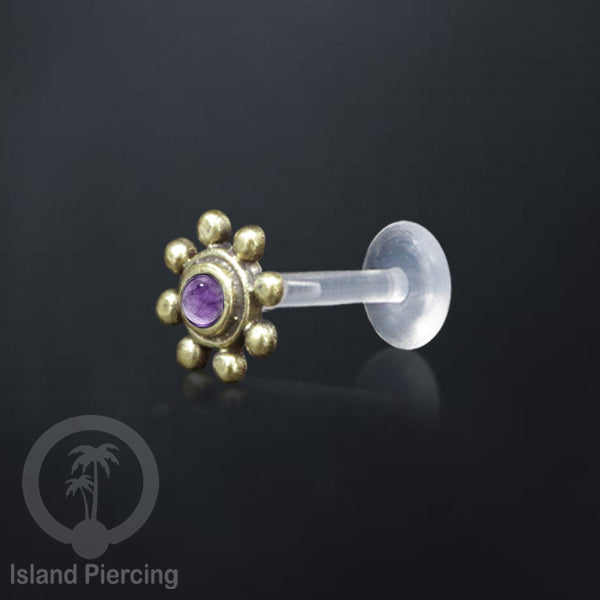 Tindik Labret Push sistem bioplastik kuningan dengan batu cantik, Brass Body Piercing Jewelry