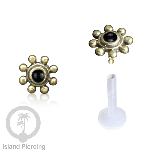 Tindik Labret Push sistem bioplastik kuningan dengan batu cantik, Brass Body Piercing Jewelry
