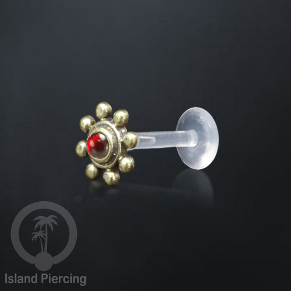 Tindik Labret Push sistem bioplastik kuningan dengan batu cantik, Brass Body Piercing Jewelry