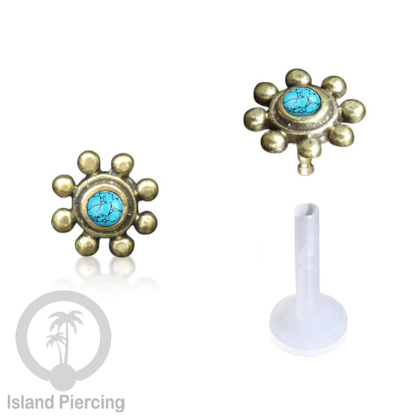 Tindik Labret Push sistem bioplastik kuningan dengan batu cantik, Brass Body Piercing Jewelry
