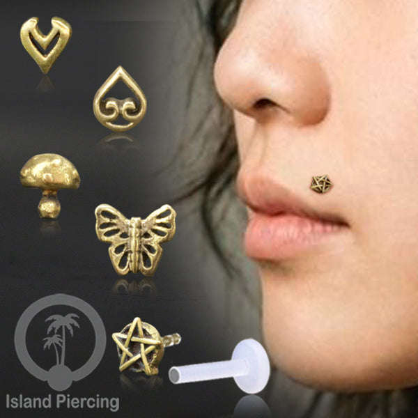 Labret bioplastik dengan kepala Kuningan Tindik Piercing Bibir atau Telinga, Tragus, Helix Daith.