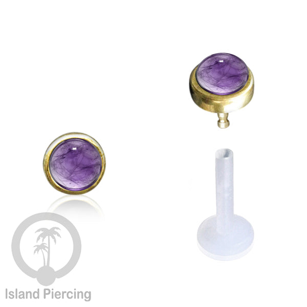 Labret Bioplastik Kuningan dengan Batu Asli, Body Piercing Daith, Tragus & Helix, Push system.