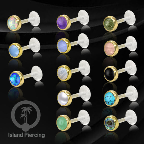Labret Bioplastik Kuningan dengan Batu Asli, Body Piercing Daith, Tragus & Helix, Push system.