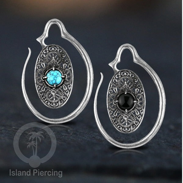 Tindik Kuningan putih dengan batu, White brass piercing hanger Onyx & Turquoise