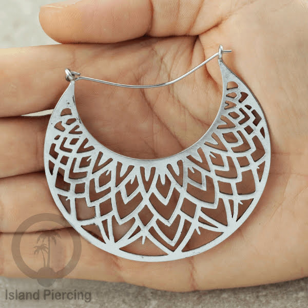 Anting Kuningan Putih besar, Anting Mandala, Tribal White Brass Earring