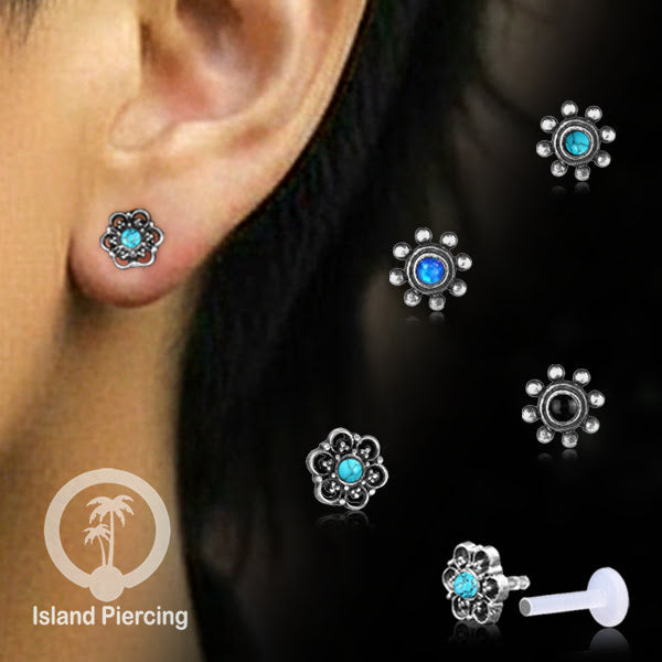 Silver Labret with stones, Bioplastic Push system, Anting Tindik Labret perak dengan batu