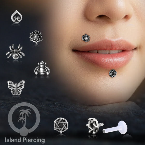 Tindik Labret Silver 925 asli dengan batang Bioplastik, Sterling Silver Labrets
