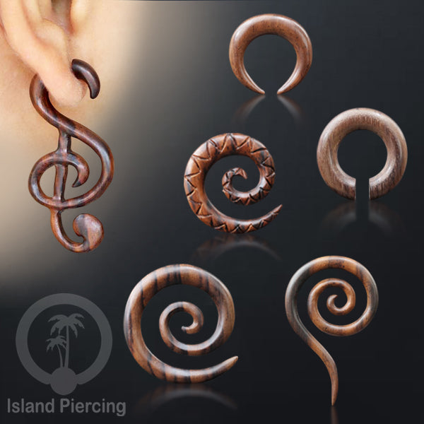 Wood Piercing Jewelry, Perhiasan Anting Tindik Kayu banyak motif ukiran tangan