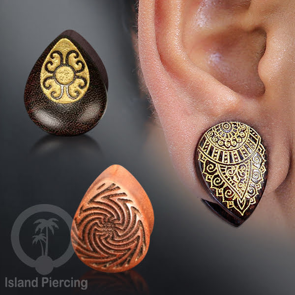 Wooden Ear Plug Teardrop Style Anting Tindik Kayu model Plug Tetes dengan Ukiran