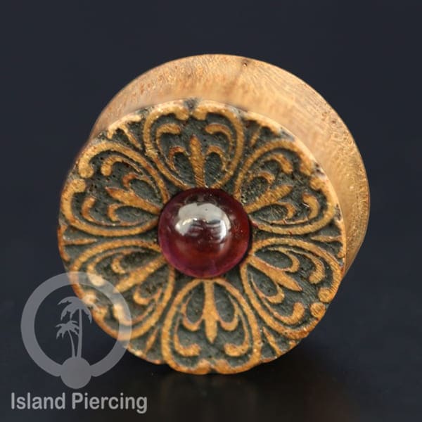 Ear Tunnel tindik buatan tangan dan engravir dengan tandung, batu Onyx dan Amethyst