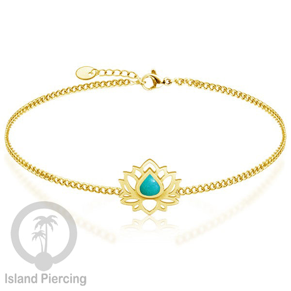 Gelang lotus dari stainless steel dengan berbagai desain dan epoksi berwarna batu. Warna gold.