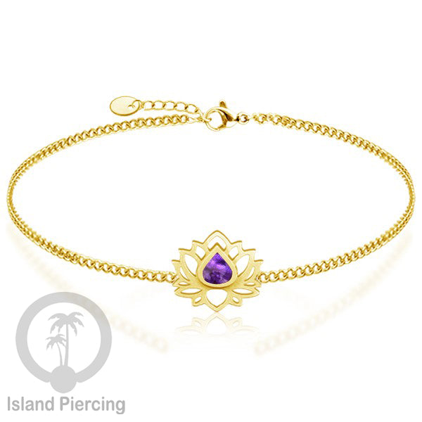 Gelang lotus dari stainless steel dengan berbagai desain dan epoksi berwarna batu. Warna gold.