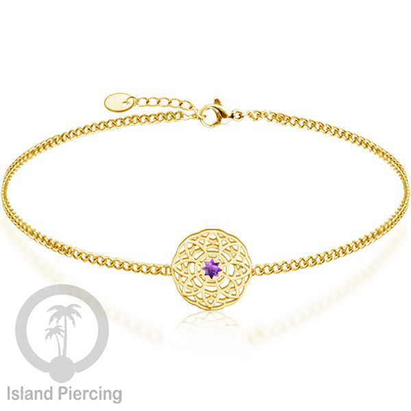 Gelang tribal lotus dari stainless steel dengan berbagai desain dan batu epoksi berwarna. Warna gold.