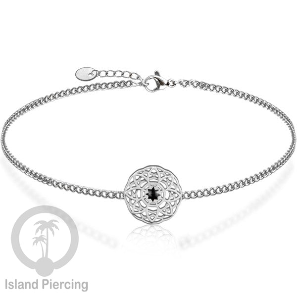 Gelang flower of life dari stainless steel dengan berbagai desain dan batu epoksi berwarna. Warna silver.