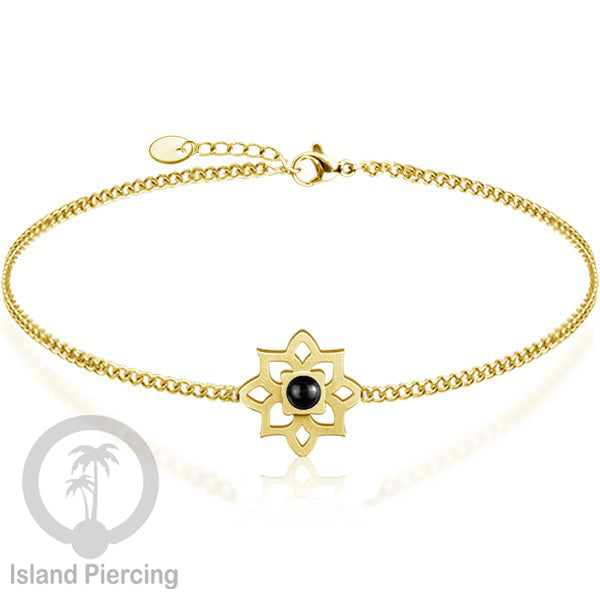 Gelang tribal lotus dari stainless steel dengan berbagai desain dan batu epoksi berwarna. Warna gold.