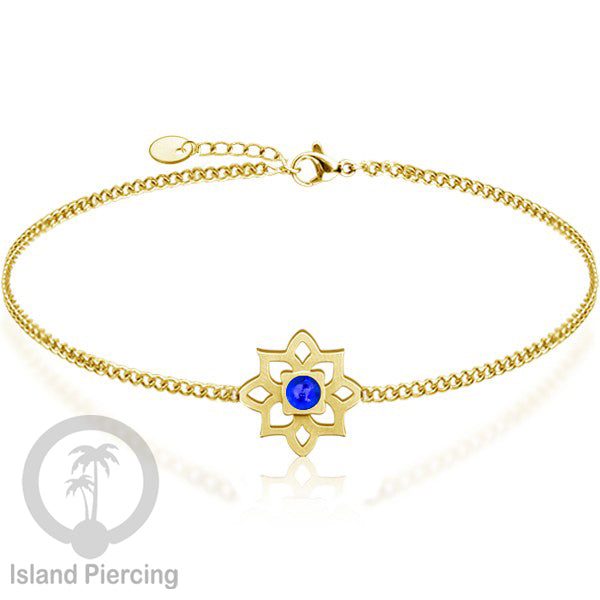 Gelang tribal lotus dari stainless steel dengan berbagai desain dan batu epoksi berwarna. Warna gold.
