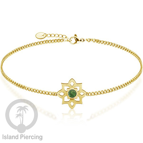 Gelang tribal lotus dari stainless steel dengan berbagai desain dan batu epoksi berwarna. Warna gold.