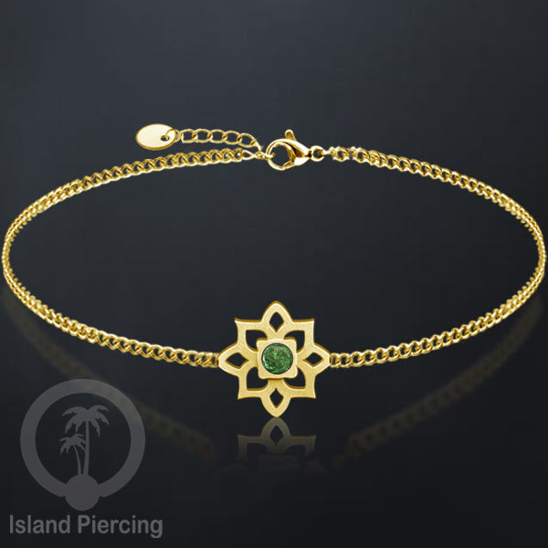Gelang tribal lotus dari stainless steel dengan berbagai desain dan batu epoksi berwarna. Warna gold.