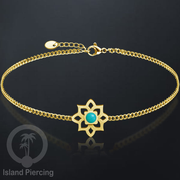 Gelang tribal lotus dari stainless steel dengan berbagai desain dan batu epoksi berwarna. Warna gold.