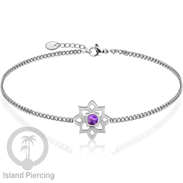 Gelang tribal lotus dari stainless steel dengan berbagai desain dan batu epoksi berwarna. Warna silver.