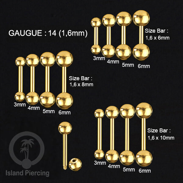 Piercing Barbel TIndik bar warna gold dengan dua bola yang ada pilihan ukuran 3-6mm