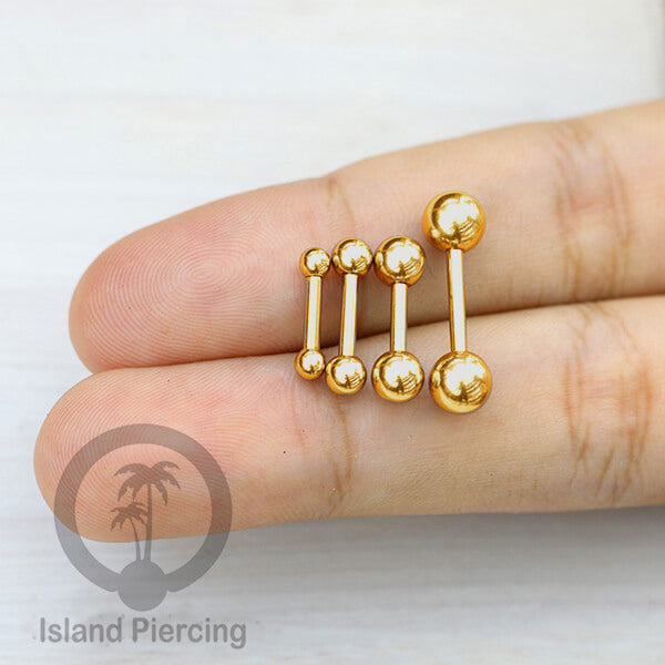Piercing Barbel TIndik bar warna gold dengan dua bola yang ada pilihan ukuran 3-6mm