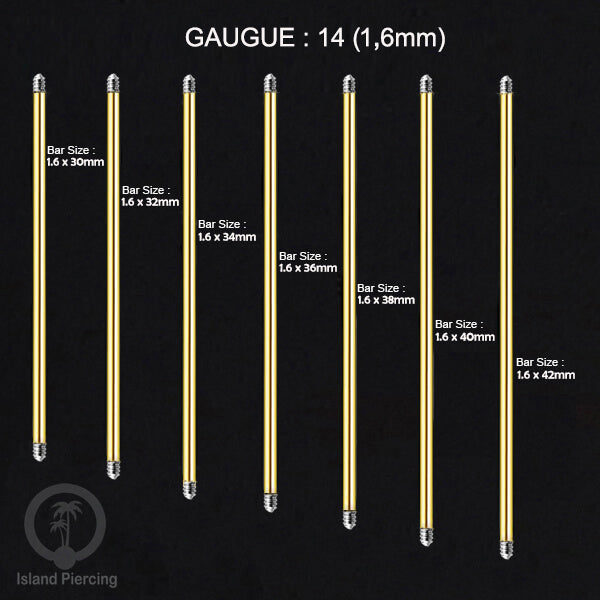 Piercing Bar Tindik warna gold. Khusus piercing external 1.6mm, 14gauge. Panjang 6-42mm tersedia